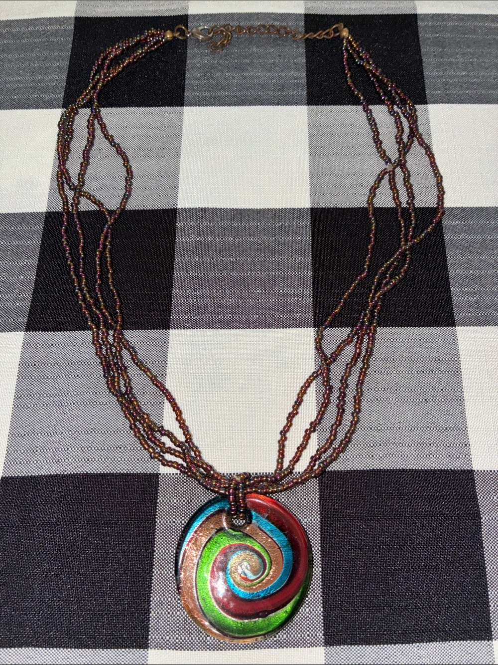 Vintage Multicolor Swirl Pendant Beaded Necklace with Glass Pendant Jewelry